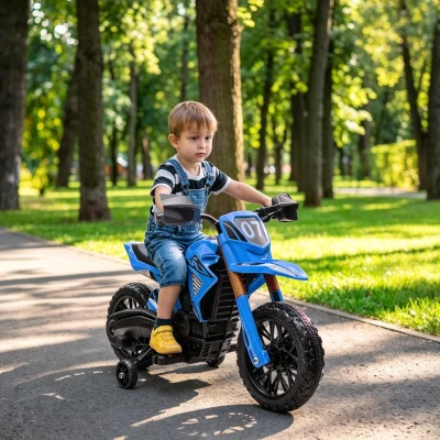 AIYAPLAY Moto Eléctrica para Niños de +3 Años Moto de Batería para Niños 12V con Ruedas Auxiliar y Bocina Carga 30 kg Azul