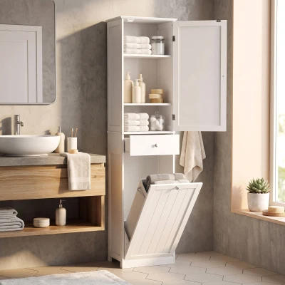 HOMCOM Móvel Coluna 180 cm com Cesto de Roupa Basculante, Branco