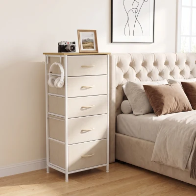 HOMCOM Tall Chest of Drawers 5 Fabric Storage Steel Beige