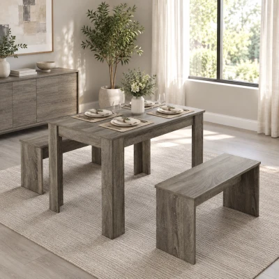HOMCOM Dining Table & 2 Benches Set Grey Wood Effect