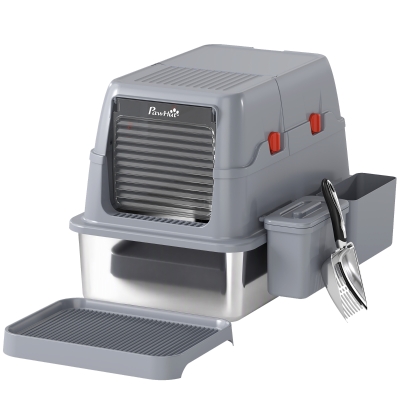 PawHut 3 in 1 Lettiera Gatto Chiusa Grande 49L in Acciaio Inox con Coperchio, Paletta, Pedana, 2 Contenitori,Grigio