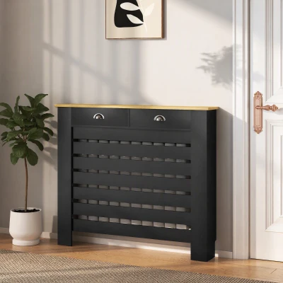 HOMCOM Cache-Radiateur Bois Noir 2 Tiroirs 111x19x95,5cm