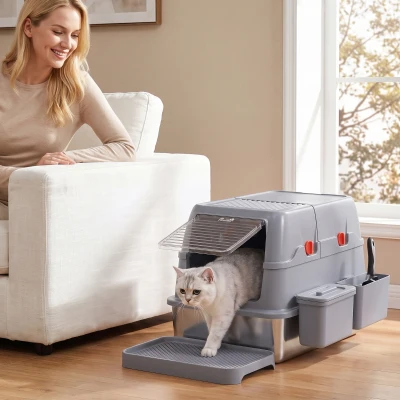 PawHut 3 in 1 Lettiera Gatto Chiusa Grande 49L in Acciaio Inox con Coperchio, Paletta, Pedana, 2 Contenitori,Grigio