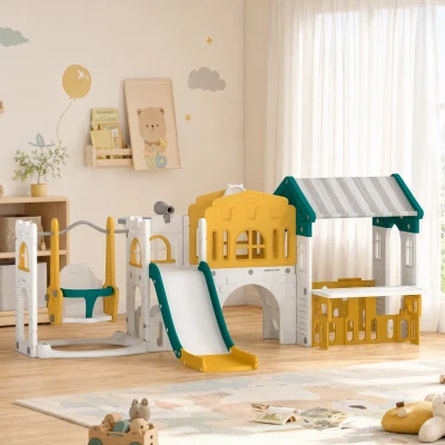 AIYAPLAY Aire de Jeux 11 en 1 Toboggan Balançoire Jaune Enfant 1-4 Ans
