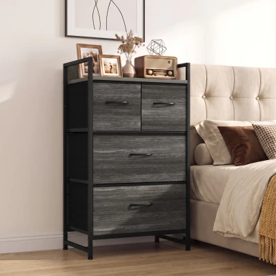 HOMCOM Rustic Chest Four Fabric Drawers Grey Wood Effect