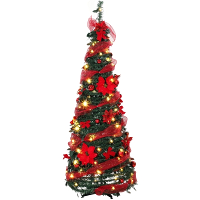 HOMCOM Árbol de Navidad Artificial 150 cm con 100 Luces LED 150 Ramas 11 Modos Bolas, Cintas Soporte Plegable Verde y Rojo