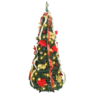 HOMCOM Árbol de Navidad Desplegable 150 cm con 70 Luces LED 11 Modos Mando a Distancia y Decoración Incluida Verde