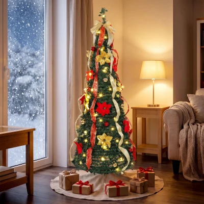 HOMCOM Árbol de Navidad Desplegable 180 cm con 100 Luces LED 11 Modos Mando a Distancia y Decoración Incluida Verde