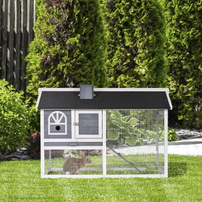 PawHut Wooden Rabbit Hutch 2 Tiers for 2-4 Rabbits Grey