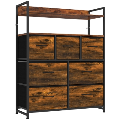 HOMCOM Commode 7 Tiroirs Tissu Brun Rustique Étagères Ouvertes