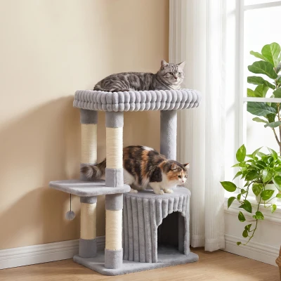 PawHut Katzenbaum, 93 cm 3 stufiger Kratzbaum mit Sisal-Kratzstämmen, Kuschelhöhle, großer Liegefläche, Plattform, bis 6 kg