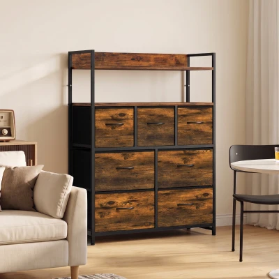HOMCOM Commode 7 Tiroirs Tissu Brun Rustique Étagères Ouvertes