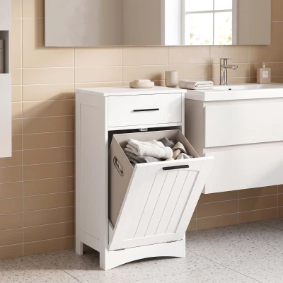 HOMCOM Meuble à Linge Blanc 42x30x82cm Tiroir Rabat Salle de Bain
