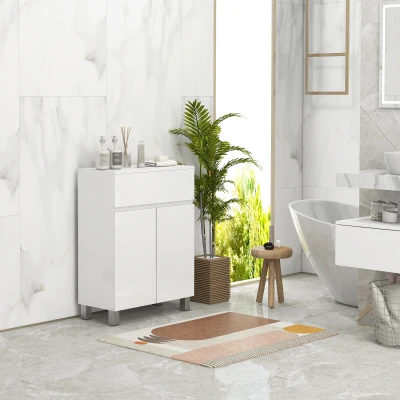 kleankin Mobile Bagno Lucido con Cassetto e Armadietto, Bianco