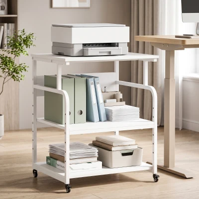 HOMCOM Soporte para Impresora con Ruedas 3 Niveles y Estante Ajustable 60x50x68 cmBlanco