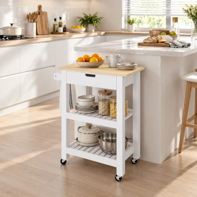HOMCOM Kitchen Trolley Rubberwood Top Storage Shelves Drawer White