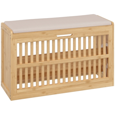 HOMCOM Schuhbank mit Sitzfläche, Bambus Schuhregal mit belüftete Kippaufbewahrung Verstellbare Ablage Sitzkissen 80 x 30 x 48cm