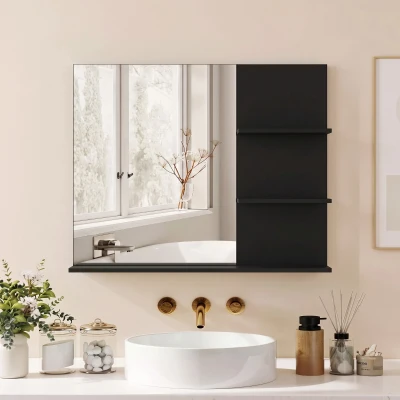 kleankin Miroir Mural Noir 60x48cm 3 Étagères Moderne Salle de Bain