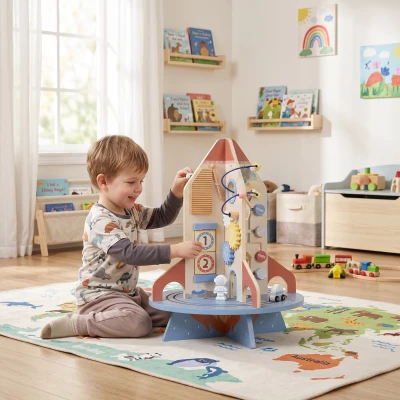 AIYAPLAY Wooden Activity Cube Rocket Shape Sorter Bead Maze