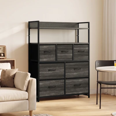 HOMCOM Commode 7 Tiroirs Tissu Gris avec Étagères Ouvertes