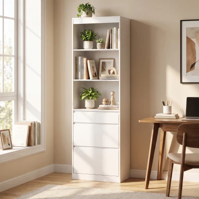 HOMCOM Bookcase Adjustable Shelves Drawers Living Room White
