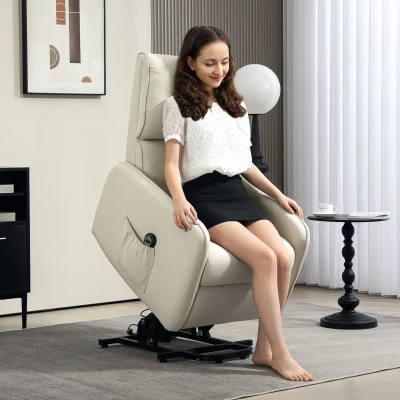 HOMCOM Elektrischer verstellbarer Relax-Sessel mit Aufstehhilfe, Leinenoptik-Bezug, Fernbedienung, Sitz mit Federn, Fußstütze, Beige