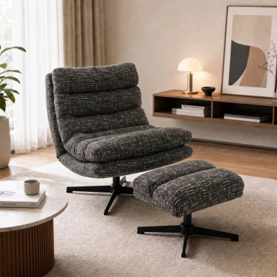 HOMCOM Sessel mit höhenverstellbarem Fußhocker 360° drehbarer Chenille-Lesesessel Breiter Sitz Dicke Polsterung Grau