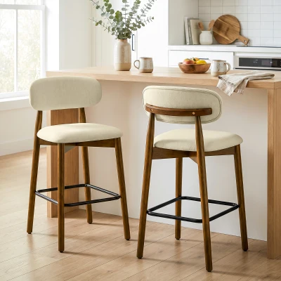 HOMCOM Bar Stools Curved Back Padded Seat Set of 2 Beige