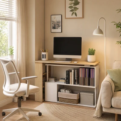 HOMCOM Mesa de Computador Secretária Mesa de Canto Giratória 360° com 5 Prateleiras 120x110x74,5 cm Madeira e Branco