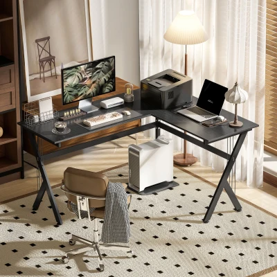 HOMCOM Secretária para PC Computador Secretária de canto angular para escritório 155x130x76cm Madeira preta