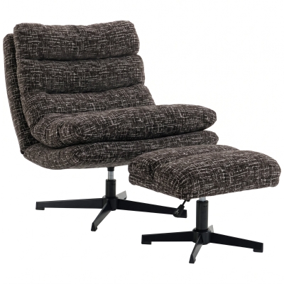 HOMCOM Sessel mit höhenverstellbarem Fußhocker 360° drehbarer Chenille-Lesesessel Breiter Sitz Dicke Polsterung Grau