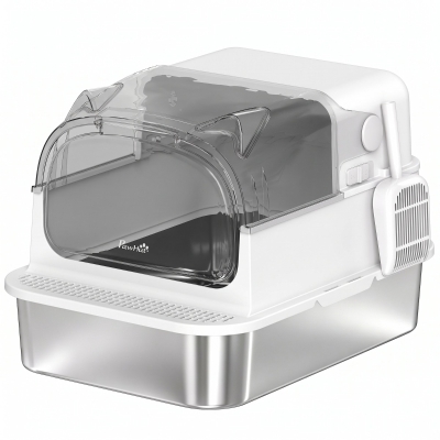 PawHut Arenero para Gatos de Acero Inoxidable XXL con Tapa Extraíble 3 en 1 Borde Alto Pedal Pala Diseño Desmontable Blanco
