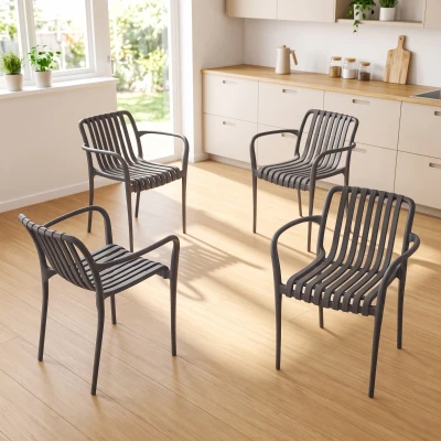 Outsunny Gartenstühle 4er Set Stapelbare Terrassenstühle mit Lamelldesign Armlehnen, Ergonomisch Dunkelgrau