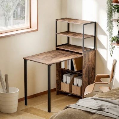 HOMCOM Bureau Pliable 4 Étagères 2 Niches 105x60x127cm Brun Rustique