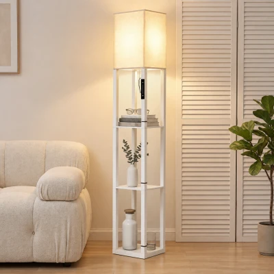 HOMCOM Lámpara de Pie con 3 Estantes Luz LED Regulable Control Táctil y Remoto Pantalla de Tela Bombilla Incluida Blanco