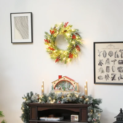 HOMCOM 60 cm Prelit Christmas Wreath, Door Wreath with Realistic Branches, 30 Warm White LEDs, Timer, Battery Operated