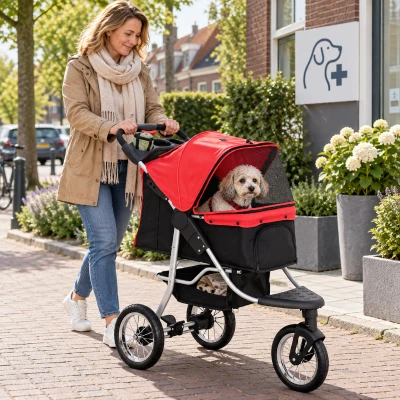PawHut Hondentrolley hondenbuggy katten PetStroller met 3 wielen opvouwbaar Oxford rood