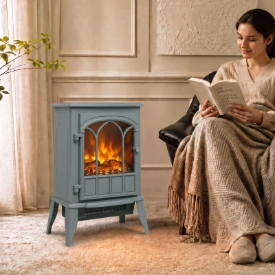 HOMCOM Freestanding Electric Fireplace, Electric Log Burner with LED Flame Effect, Overheating Safety System, 1000W/2000W Grey
