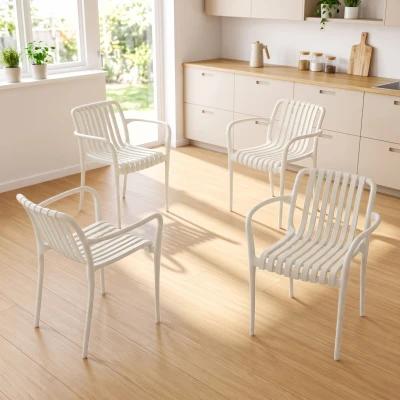 Outsunny Gartenstühle 4er Set Stapelbare Terrassenstühle mit Lamelldesign Armlehnen, Ergonomisch Cremeweiß
