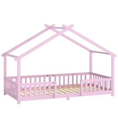 AIYAPLAY Wooden Kids House Single Bed Frame, Solid Pine Wood Toddler Bed with Dual Guardrails for Children, Boys, Girls, Pink