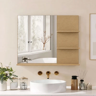 kleankin Miroir Mural Moderne 60x48cm 3 Étagères Chêne