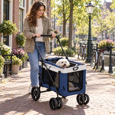 PawHut Hondenbuggy Huisdierbuggy Hondenkar, inklapbaar, afneembare mand, 81 x 58 x 97,5 cm, Zwart + Blauw + Wit