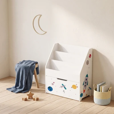 AIYAPLAY Bibliothèque Enfant 3 Niveaux Tiroir Mobile Blanc 61x30x70cm