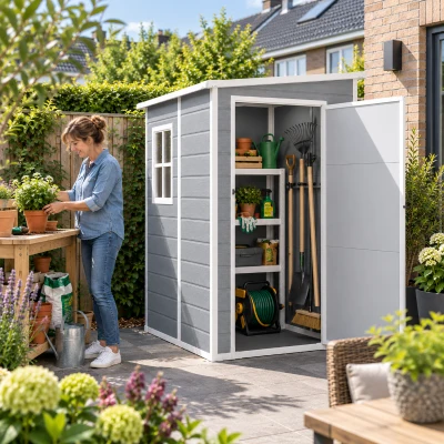 Outsunny Tuinschuur Metaal, Aluminium, Ruime Tuinschuur Met Slot, Ventilatie En Daglicht, 122x149x192/177 Cm, Grijs