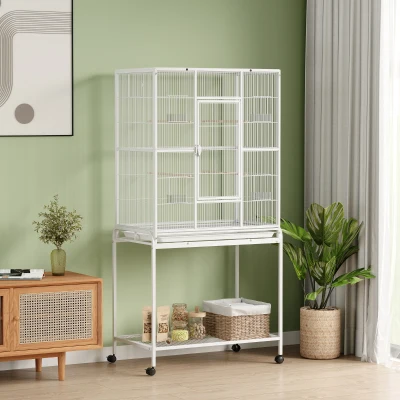 PawHut Cage à Oiseaux Portable 81x48x162,5cm Blanc 4 Mangeoires