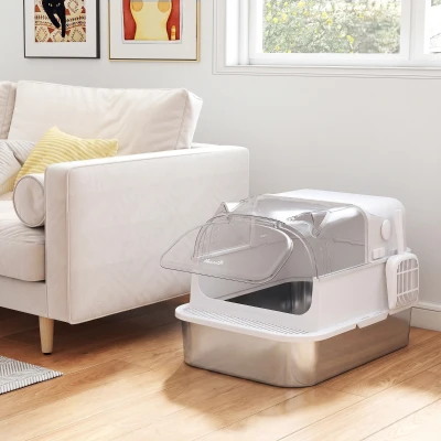 PawHut Litière Chat XL 90L Acier Inox Blanc Couvercle Amovible