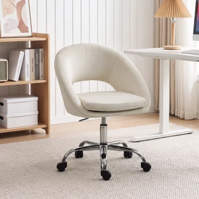 HOMCOM Velvet Desk Chair, Modern Office Chair with Height-Adjustable, Wheels, for Home Study Bedroom, Cream