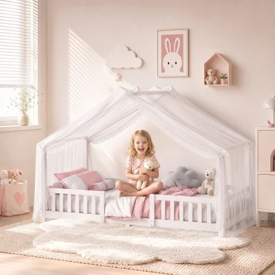 AIYAPLAY Wooden Kids House Single Bed Frame, Solid Pine Wood Toddler Bed with Dual Guardrails for Children, Boys, Girls, White