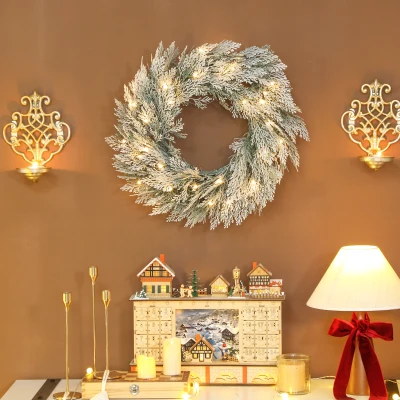 HOMCOM 60cm/ 24inch Flocked Prelit Christmas Wreath