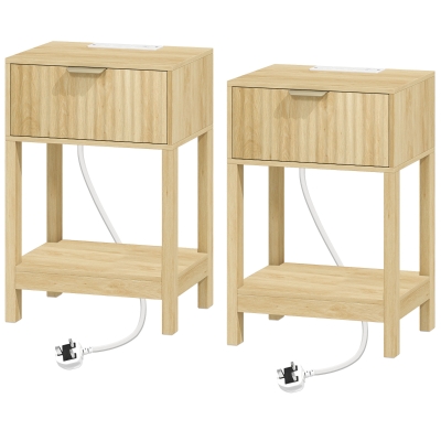 HOMCOM Fluted Nightstand Set 2 Drawer Charging Oak Bedroom